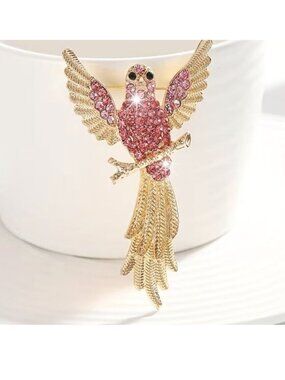 Bird Brooch Pink Crystal Inlayed Rhinestones Large Stunning Statement Bold Glam